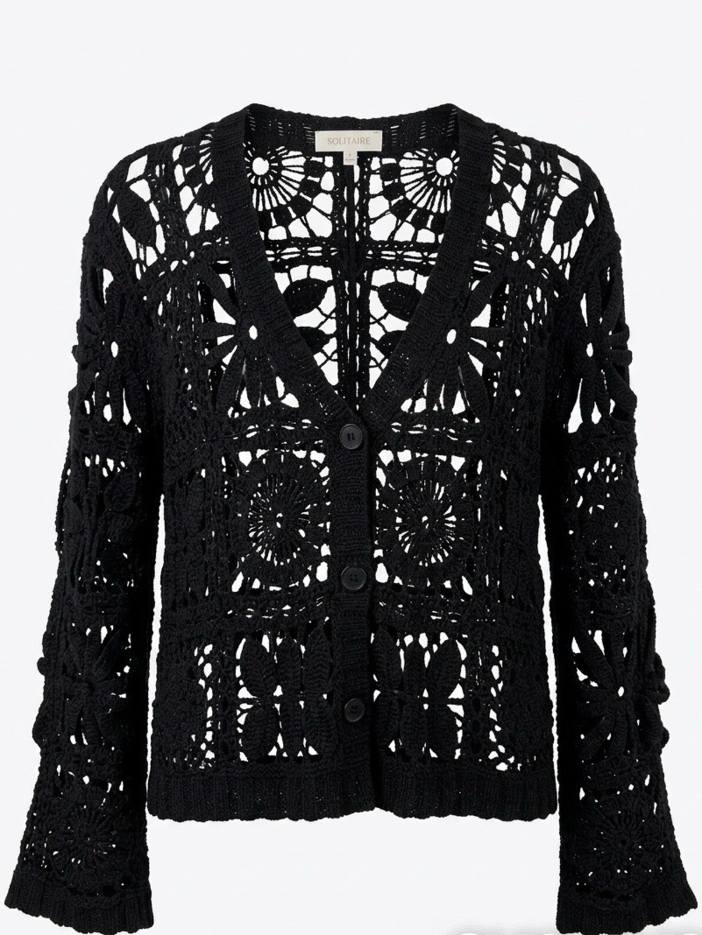 NWOT Solitaire Cotton Black Floral Crochet Cardigan Button Sweater - S